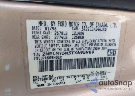 1996 Mercury Grand Marquis Ls/Bayshore z USA, uszkodzony, nr VIN 2MELM75W5TX695989